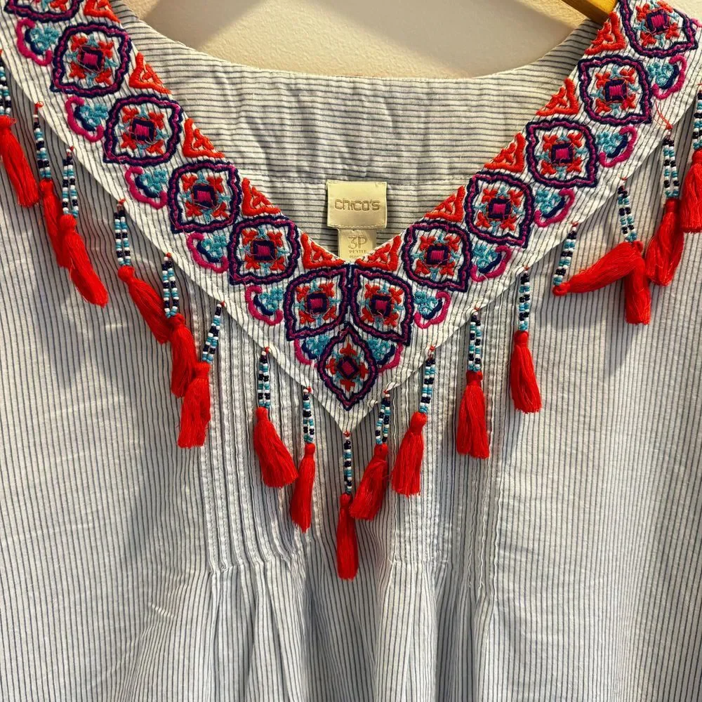 CHICO'S Pinstriped Embroidered Tassel Trim Beaded Peasant Top Size 3P Large Boho - Picture 3 of 11